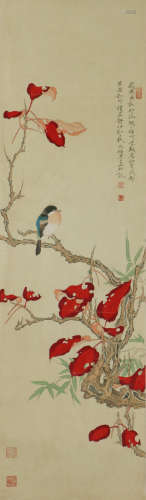 A CHINESE FLOWERS&BIRD PAINTING SCROLL, REN ZHONG MARK