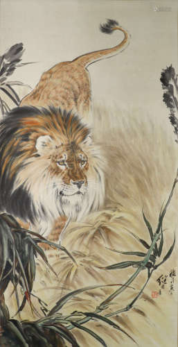 A CHINESE LION PAINTING, LIU JIYOU MARK