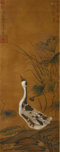 A CHINESE WILD GOOSE PAINTING SILK SCROLL, EMPEROR SONG HUIZ...