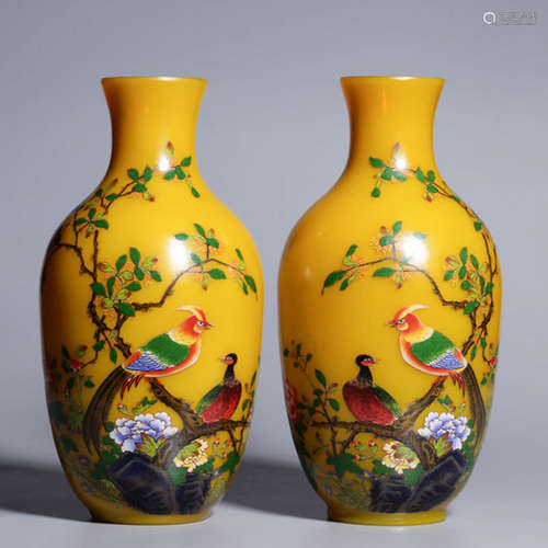 A PAIR OF YELLOW COLORED FAMILLE ROSE FLOWERS&BIRD PATTERN P...