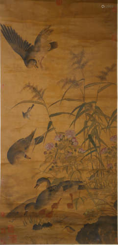 A CHINESE FLOWERS&BIRDS PAINTING SILK SCROLL