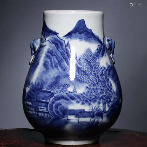 A BLUE AND WHITE LANDSCAPE PORCELAIN ZUN VASE