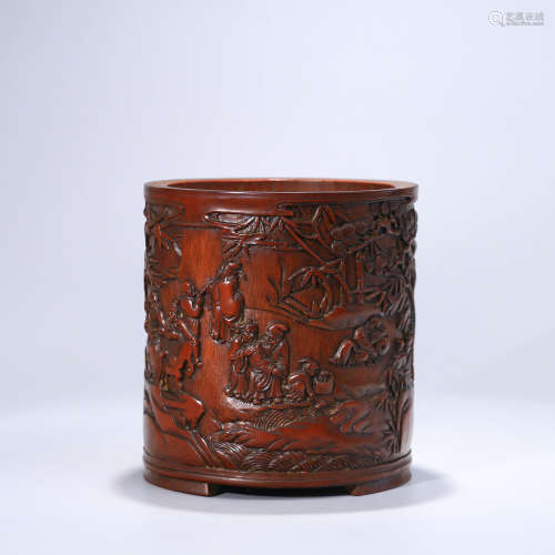 A FIGURES CARVED BAMBOO BRUSH POT