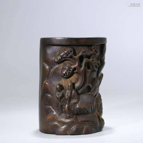 A FIGURES CARVED EAGLEWOOD BRUSH POT