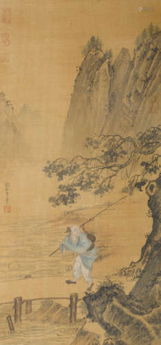 A CHINESE LANDSCAPE&FIGURE PAINTING SILK SCROLL, LIU SONGNIA...