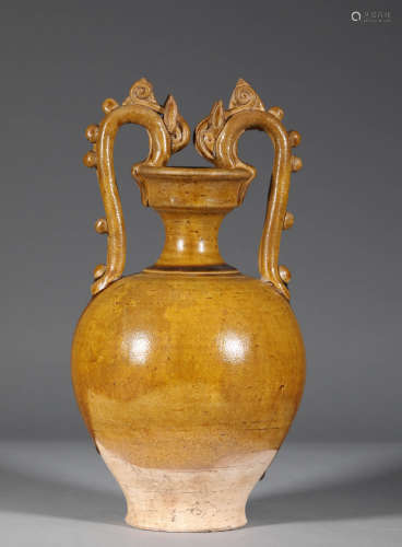 Tang Dynasty Yellow Glazed Double Dragon Ear Vase