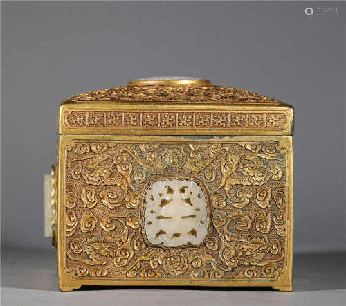 A Gilt Bronze Inlaid White Jade Square Box in the Qing Dynas...