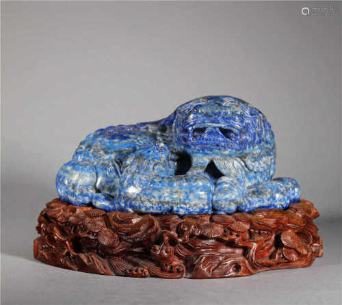Qing Dynasty Lapis Lazuli Old Lion and Young Lion