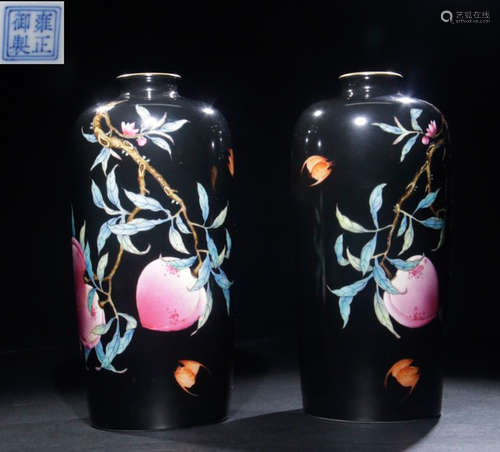 BLACK GLAZE PEACH PATTERN VASE PAIR