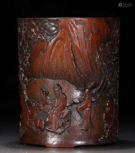 BAMBOO CARVED FIGURE STORY BRUSH POT