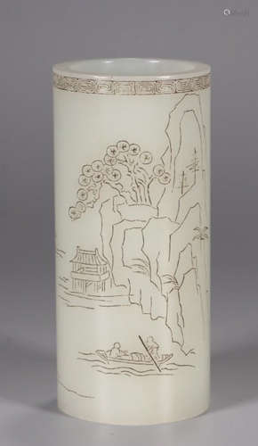 HETIAN JADE FIGURE STORY BRUSH POT