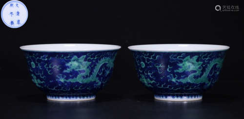 BLUE&WHITE GLAZE DRAGON PATTERN BOWL PAIR