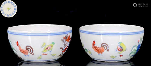 DOUCAI GLAZE CHICKEN PATTERN CUP PAIR