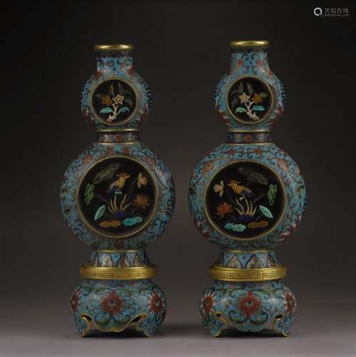 PAIR CLOISONNE ENAMEL GILT BRONZE VASE WITH MARK