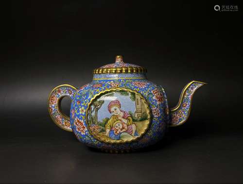 PAINTED ENAMEL TEAPOT WITH MARK