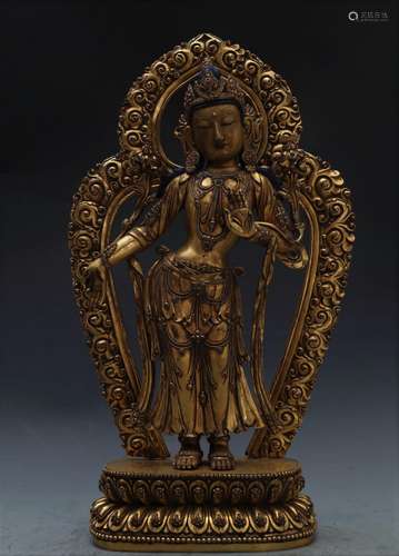 LARGE GILT BRONZE FIGURE OF STAND MANJUSHRI