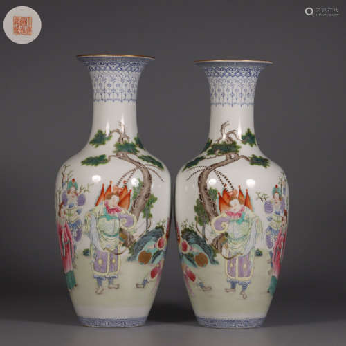 Pair Of Famille Rose 'Figure Story' Porcelain Bottles