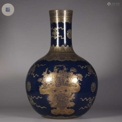 Blue Ground Gold Painted 'Dragon' Porcelain Bottle