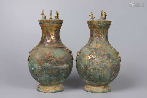 Pair Of Bronze Gold Gilded Bottles Inlaid With Turquoise