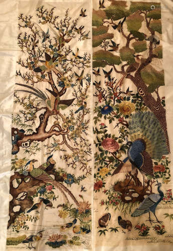 Pair Of 'Flowers And Birds' Embroidery