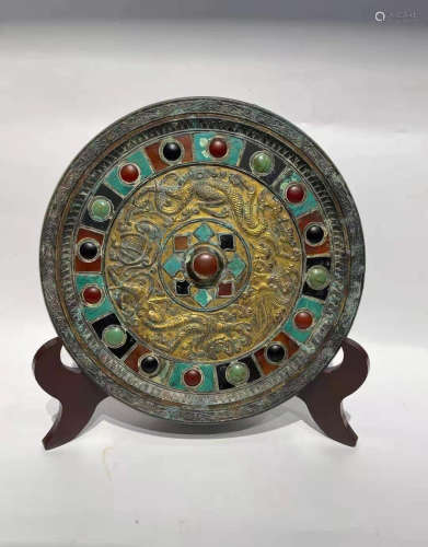 Bronze Gold Gilded Mirror Inlaid With Turquoise