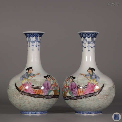 Pair Of Blue And White Famille Rose 'Figure Story' Porcelain...