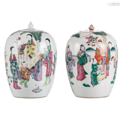 PAIR OF CHINESE FAMILLE ROSE FIGURES JARS AND COVERS