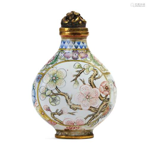 A CHINESE BRONZE ENAMEL FLORAL SNUFF BOTTLE