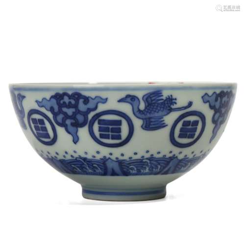 A CHINESE BLUE AND WHITE CRANE BOWL