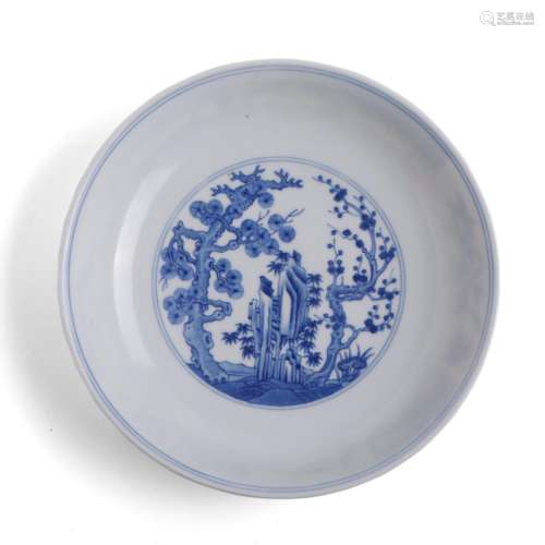 A BLUE AND WHITE PINE, BAMBOO AND PLUM DISH