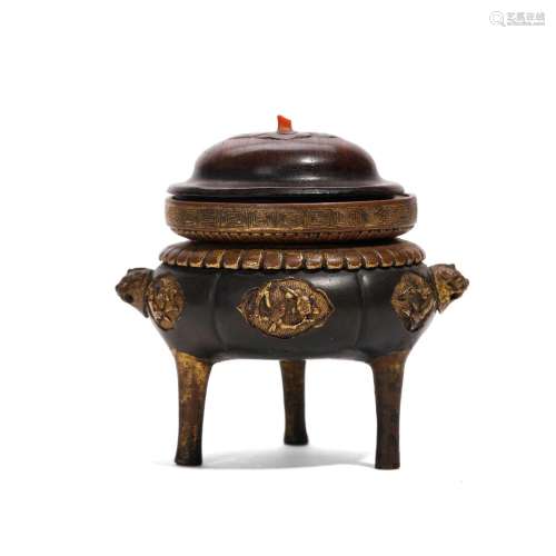 A GILT-BRONZE TRIPOD INCENSE BURNER