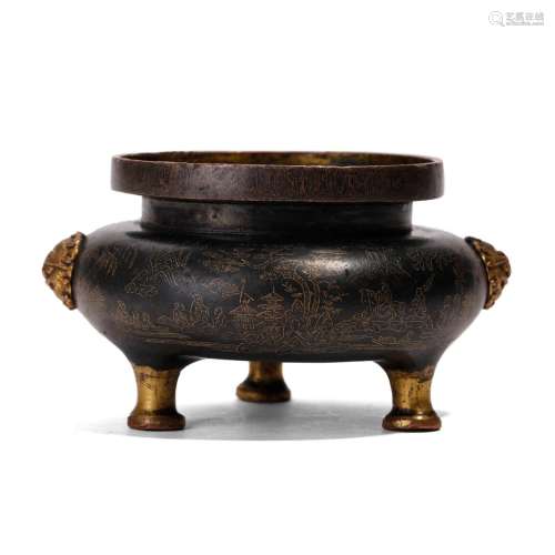 A GOLD-INLAID BRONZE TRIPOD INCENSE BURNER