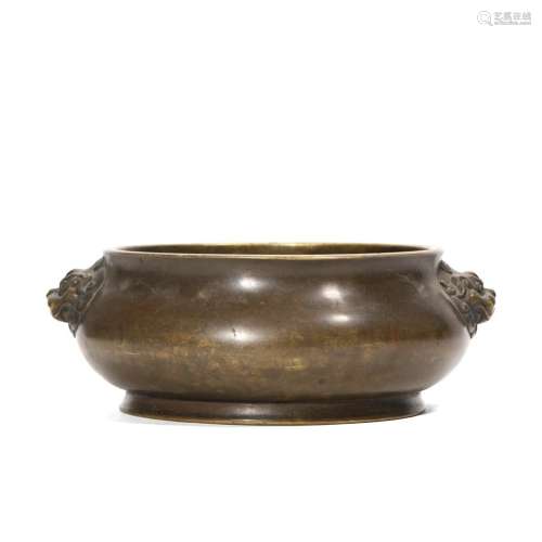 A CHINESE BRONZE CENSER WITH BEAST HANDLES