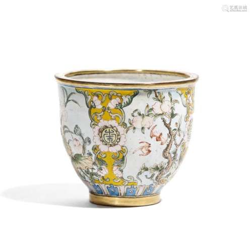 AN ENAMELLED COPPER  FLOWERS AND BIRD  CUP