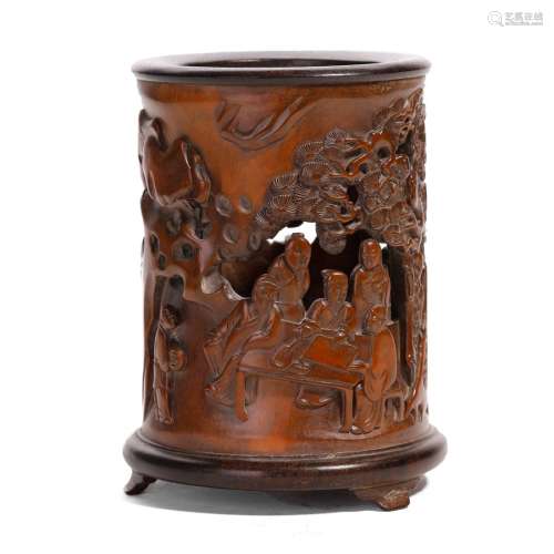 A CHINESE BAMBOO-CARVED  LANDSCAPE  BRUSHPOT