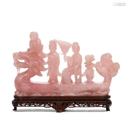 A ROSE QUARTZ FIGURE OF A DRAGON BOAT