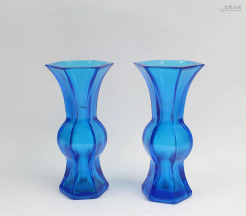 A Pair of Blue Color Peking Glass Vases