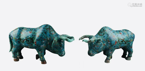 A Pair of Chinese Cloisonne Bull Statues