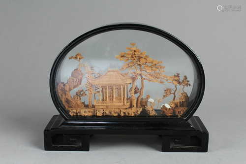 Chinese Fujian Cork Carving in Black Lacquer Frame