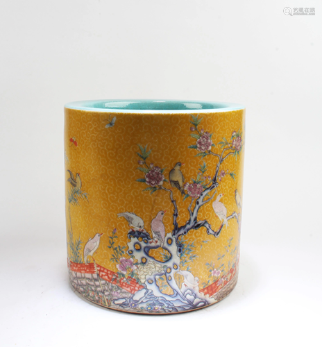 Chinese Famille Jaune Porcelain Brushpot