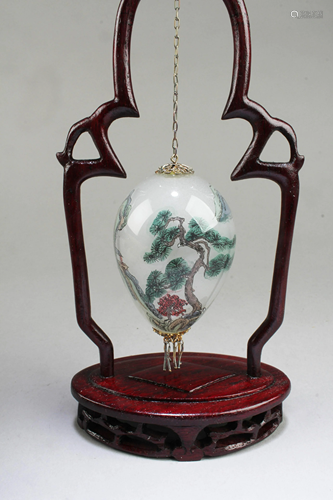 A Chinese Glass Reverse Painting with Wooden Stand