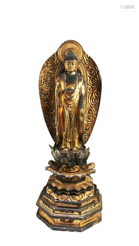 Antique Carved Gilt Wooden Standing Buddha Statue