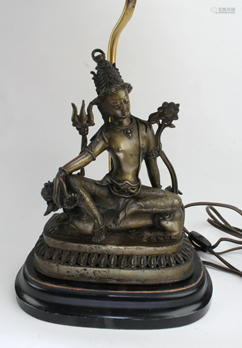 Antique Bronze Bodhisattv Statue With Table Lamp