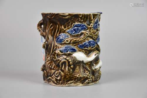 Republic of China-underglaze colored pine and crane pen hold...