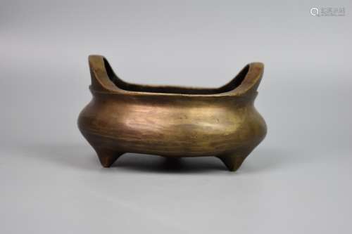 Qing Dynasty--Xuande style copper censer with bridge ears