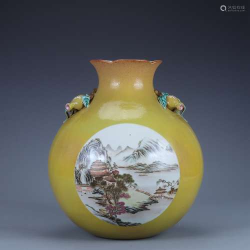 A pomegranate statue with a window and landscape pattern on ...