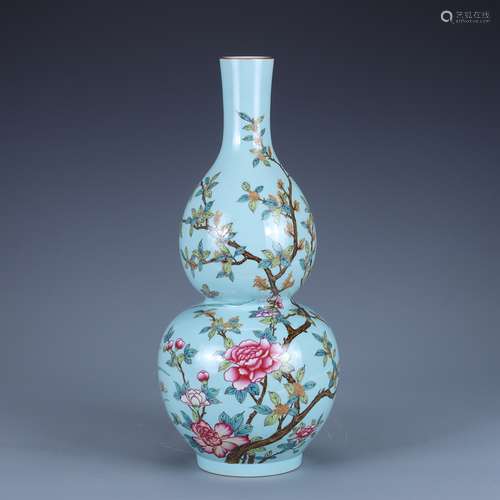 Qing Dynasty Qianlong blue famille rose flower pattern gourd...