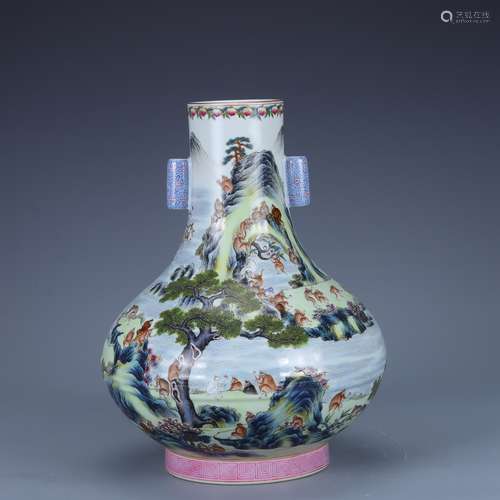 Qing Yongzheng famille rose double-eared vase with hundred m...