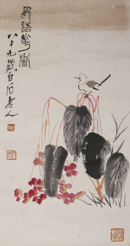 A CHINESE SCROLL PAINTING OF A BIRD  QI BAI SHI