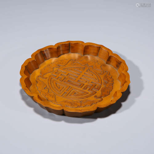 A CHINESE WOODEN LOBED  BATS DISH